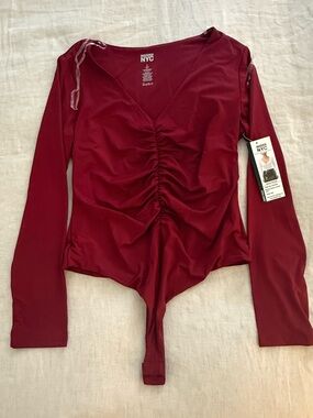 NYC Ruched V-Neck Long Sleeve Bodysuit - Wine